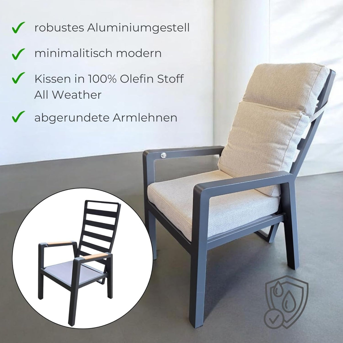 osoltus Gartensessel Alu Anthrazit wetterfest Palma II All Weather Olefin | stufenlos verstellbare Rückenlehne Dank Gasdruckdämpfer (beige)