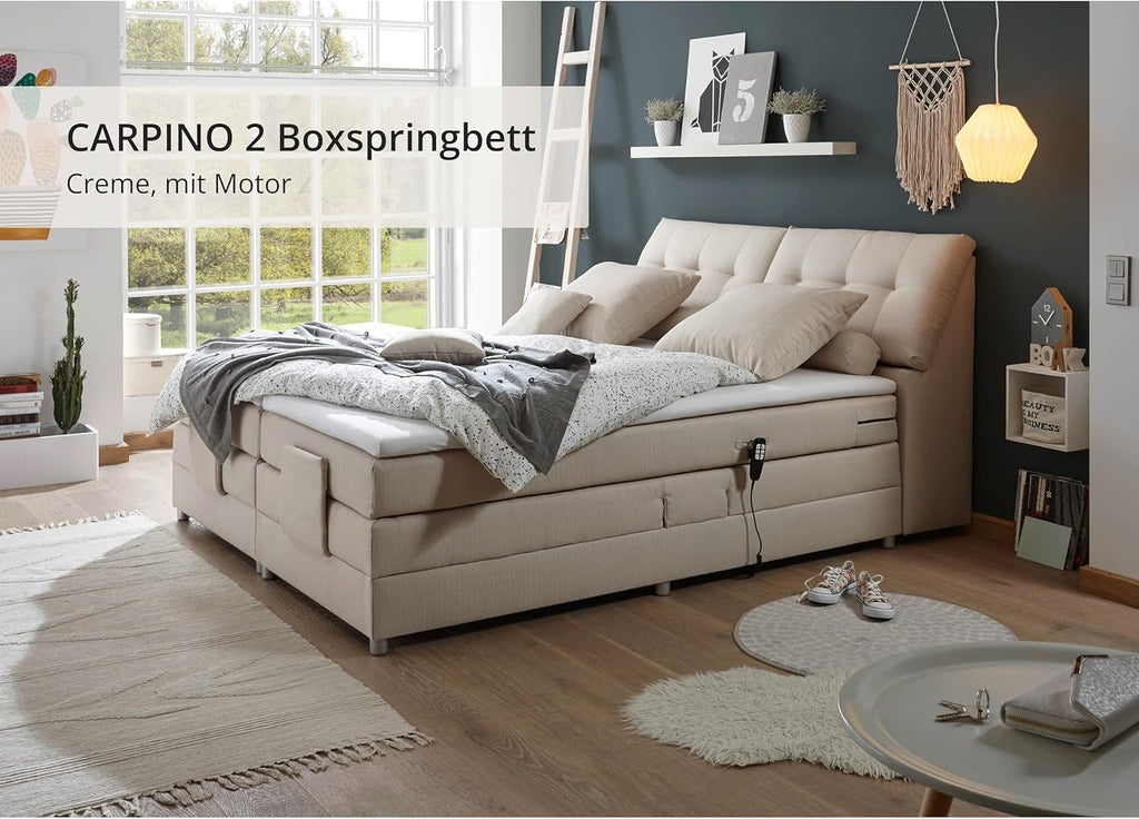 CARPINO Boxspringbett 180x200 elektrisch verstellbar, Creme - Bequemes Doppelbett mit dekorativer Steppung & Komfortschaum Topper - 180 x 110 x 234 cm (B/H/T)