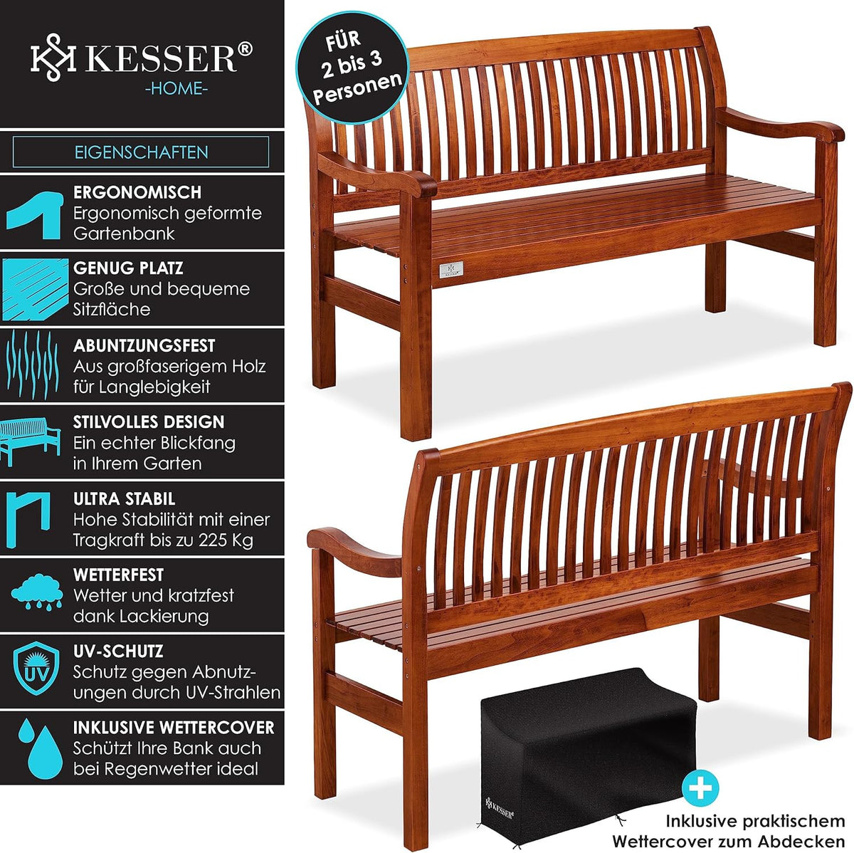 KESSER® Gartenbank Holz Holzbank wetterfest | Für 2 bis 3 Personen | Parkbank aus Massivholz | Sitzbank 320kg belastbar 125 cm | Balkonbank Bank für Balkon Terrasse & Garten inkl. Cover Dunkelbraun