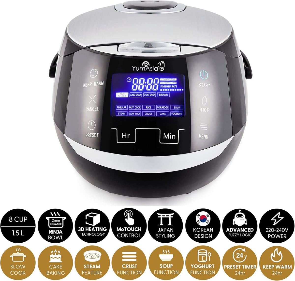 Yum Asia Sakura Reiskocher mit Keramikschale und Advanced Fuzzy Logic (8 Tassen, 1,5 Liter), 6 Reiskochfunktionen, 6 Multikocherfunktionen, Motouch LED-Display, 220-240V EU (schwarz und silber)
