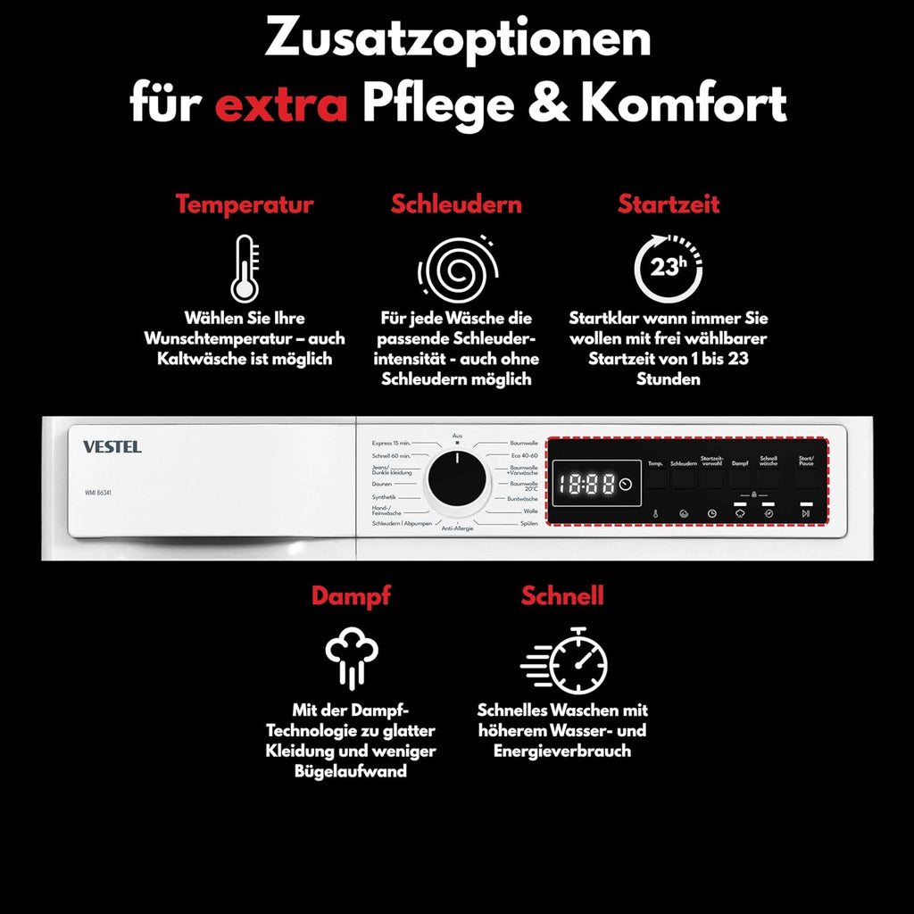VESTEL WMI 86341 Waschmaschine 8 kg Frontlader – 1400 U/min, Energieeffizienzklasse A, Inverter-Motor, Dampffunktion, AquaStop, leise, freistehend, weiß