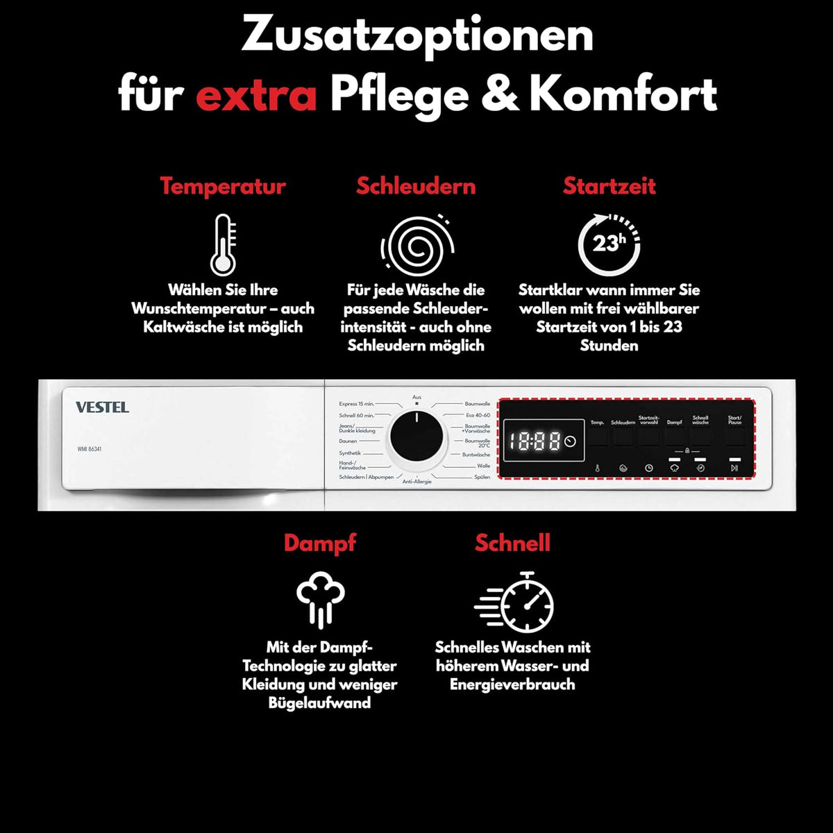 VESTEL WMI 86341 Waschmaschine 8 kg Frontlader – 1400 U/min, Energieeffizienzklasse A, Inverter-Motor, Dampffunktion, AquaStop, leise, freistehend, weiß