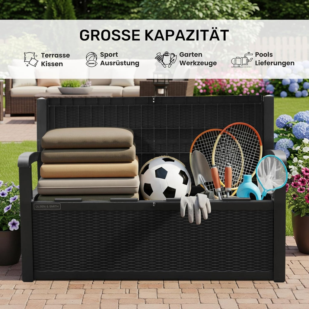 Olsen & Smith 265 Liter Gartenbank Wetterfest mit Stauraum Truhenbank Verschließbare Aufbewahrungsbox Auflagenbox Kunststoff Wetterbeständig Wasserdicht für Werkzeuge Spielzeug Decken und Mehr Schwarz