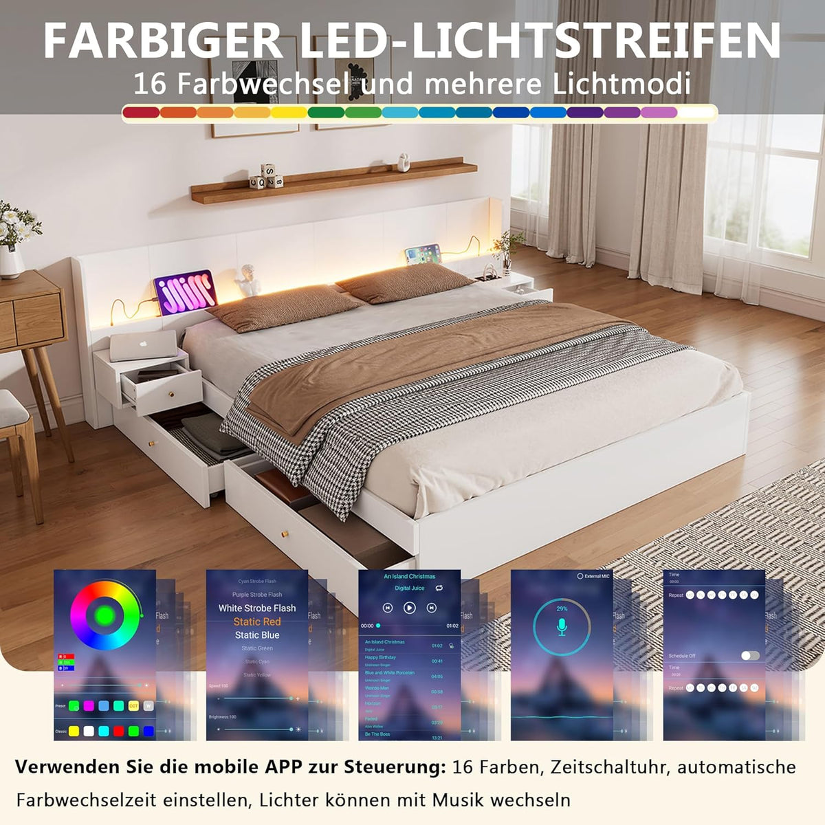 Doppelbett Bett 180x200 mit Stauraum 2 Schubladen, Extrabreiter LED-Kopfteil mit 2 Nachttischen & USB-Buchse, Holzbett Stauraumbett Bettgestell mit Lattenrost, Jugendbett, Ohne Matratze, Weiß