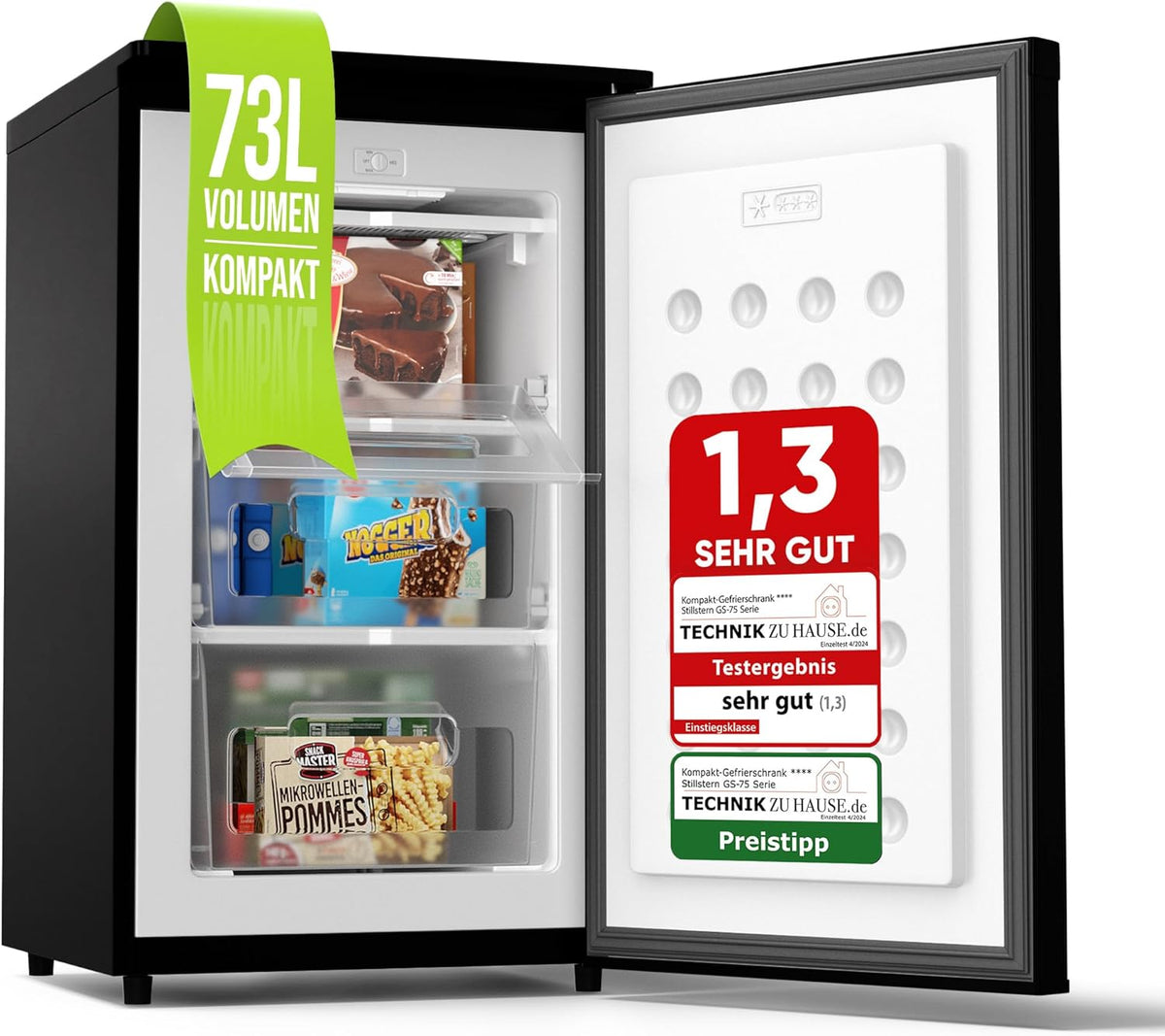 Stillstern Gefrierschrank C (73L) 4-Sterne-Gefrierfach -18°C ger. Energiever. Mini Freezer mit 3 Fächer, stufenlos reg. Temp., kleine Tiefkühltruhe, Türanschlag r./l. Tiefkühlschrank Klein Schwarz