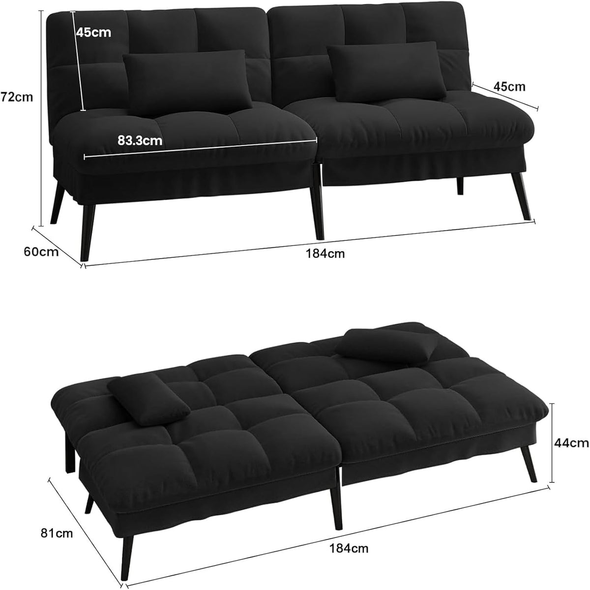 LUCKRACER Sofa 3 Sitzer Sofa Schlafsofa mit Schlaffunktion, überzug Futon Klappsofa, Bettcouch, ecksofa, Couch, 5 Verstellbare Winkel, Ideal für Wohnungen Wohnzimmer aus Stoff Schwarz