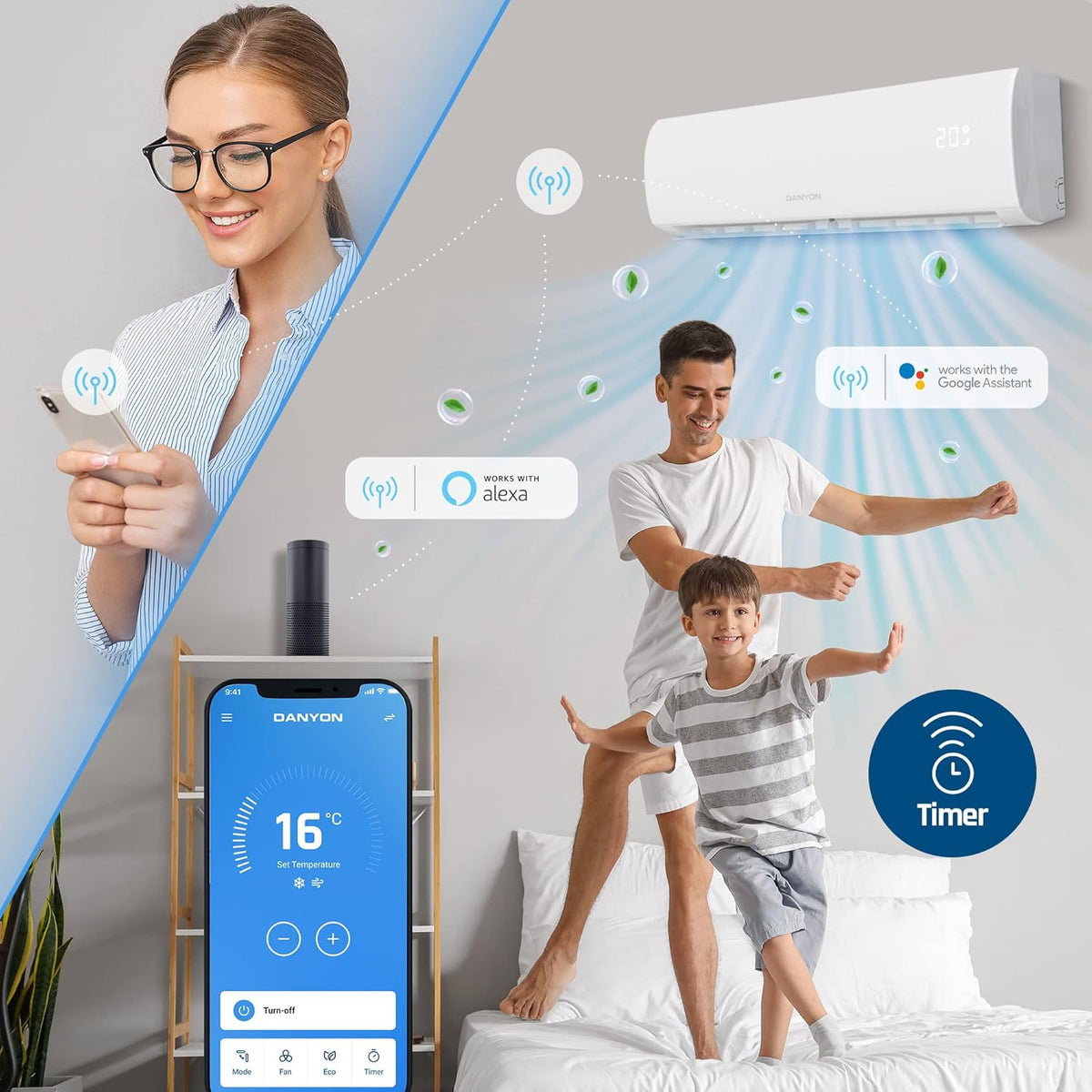 Danyon Multisplit Klimaanlage 2 Innengeräte - 18000 BTU - 5,2 kW, sehr leise & energiesparend, Smart Home, Inverter Klimagerät mit Heizfunktion, WiFi und App, Splitgerät vorgefüllt mit R32 Kältemittel