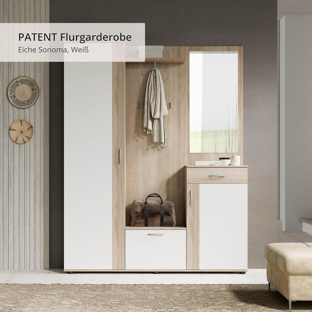 Stella Trading PATENT Flurgarderoben Set in Sonoma Eiche Optik, Weiß - Stylishe Kompaktgarderobe mit Spiegel für Ihren Eingangsbereich - 145 x 184 x 29 cm (B/H/T), Braun
