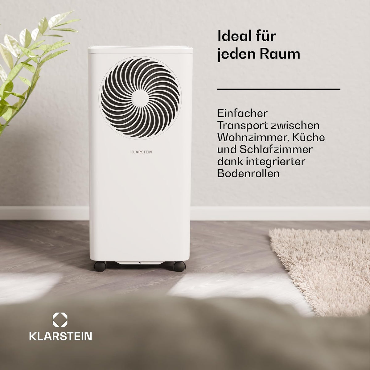 Klarstein Aero Ring Mobiles Klimagerät – 7000 BTU, 3-in-1: Kühlen, Entfeuchten & Ventilator, Smart App & Sprachsteuerung, Für Räume bis 25 m², Energieeffizienz A, R290, Leichtgängige Rollen, Weiß