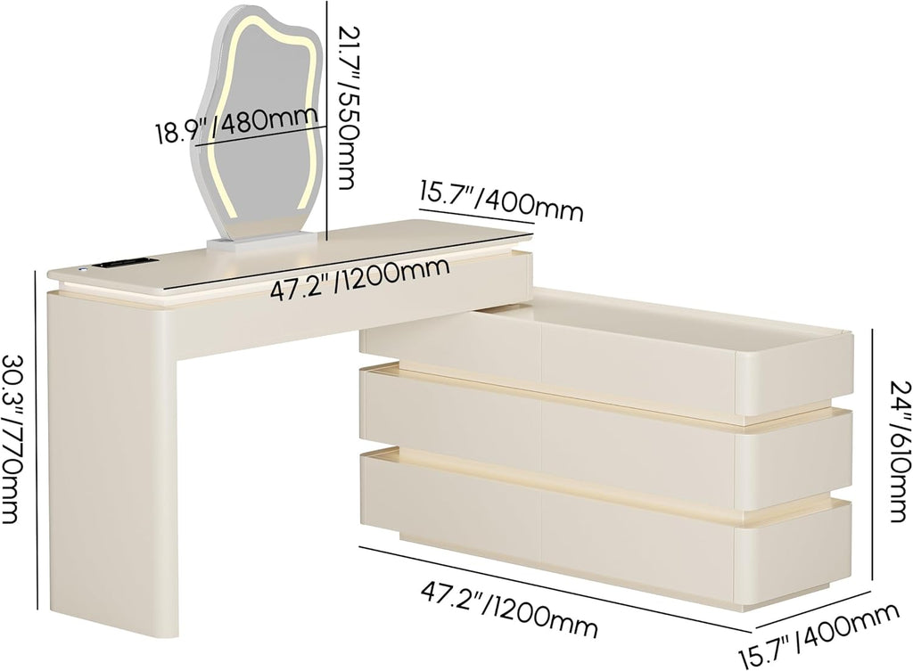 Homary Schminktisch mit Beleuchtung, Modern Schminktisch mit Ausziehbarem Design, Dimmbarer LED-Beleuchtung und Integrierter Ladestation für Ihre Beauty-Tools