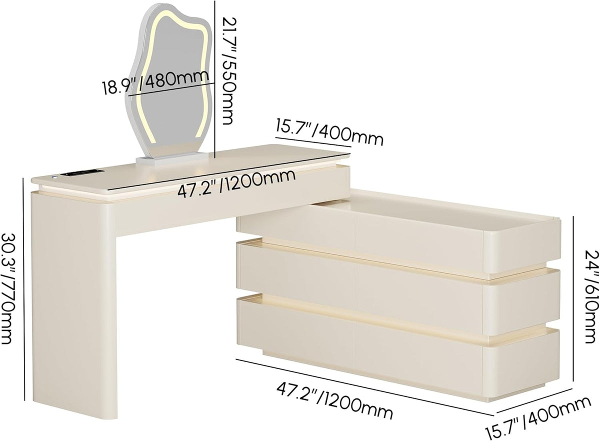 Homary Schminktisch mit Beleuchtung, Modern Schminktisch mit Ausziehbarem Design, Dimmbarer LED-Beleuchtung und Integrierter Ladestation für Ihre Beauty-Tools