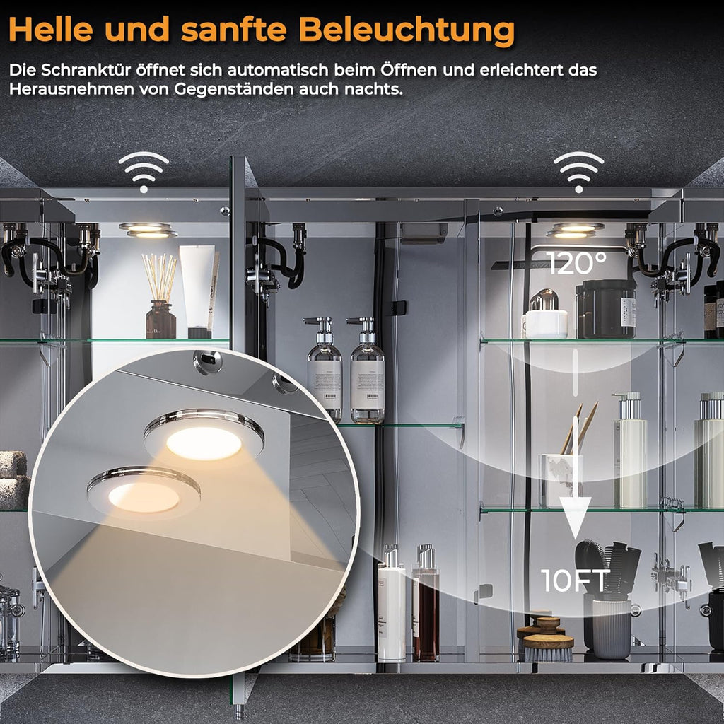 SVNR 90x65 cm Spiegelschrank Mit LED-Beleuchtung Fürs Badezimmer, 3-Türiger Badspiegelschrank Beleuchtung Mit Bluetooth, Touch-Schalter, Antibeschlag & Steckdose (Silber)