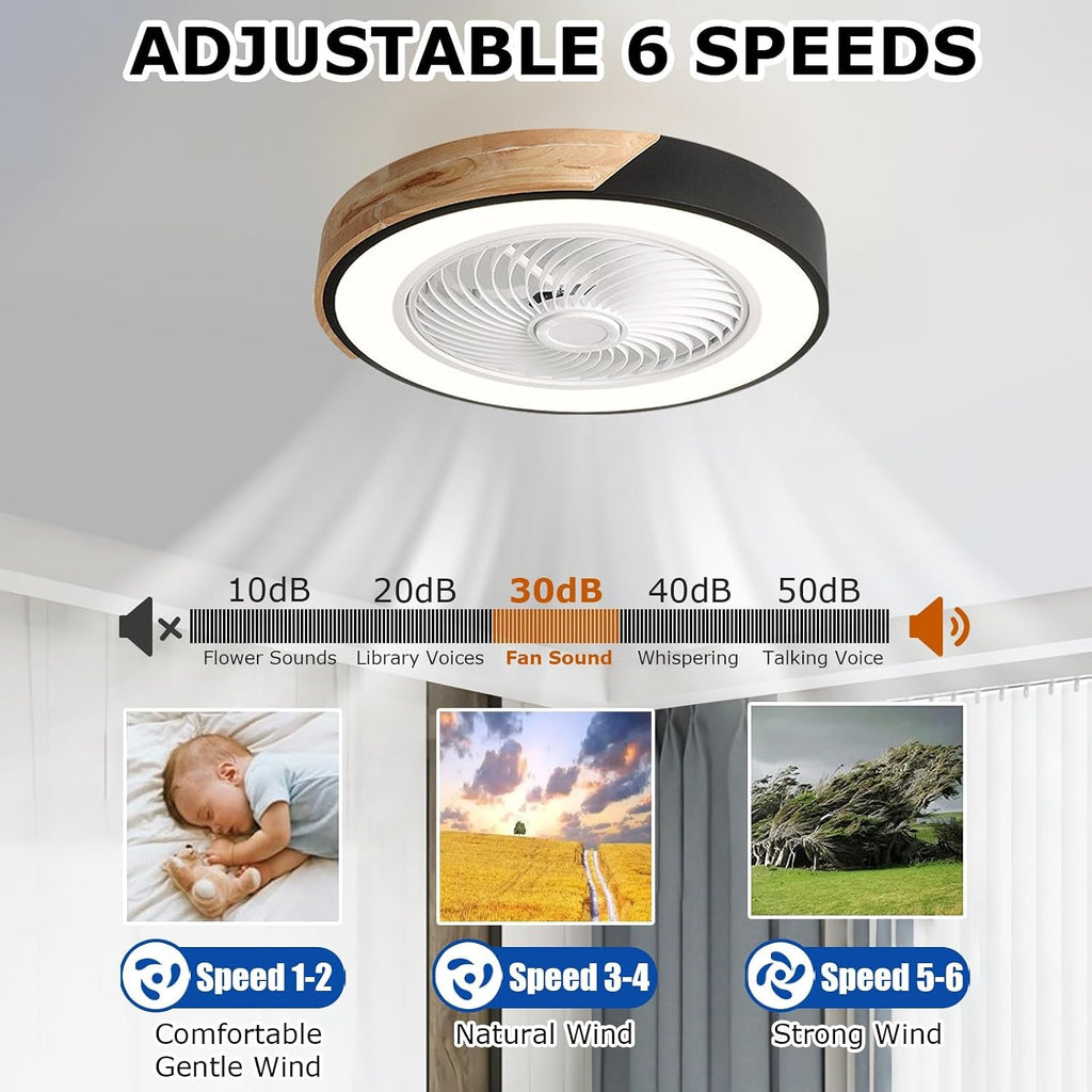 Holz Deckenventilator mit Beleuchtung LED Licht, Moderne Invisible Fan Deckenleuchte Dimmbar, Timer Leise Ventilator lampe, Deckenlampe für Wohnzimmer Schlafzimmer Kinderzimmer