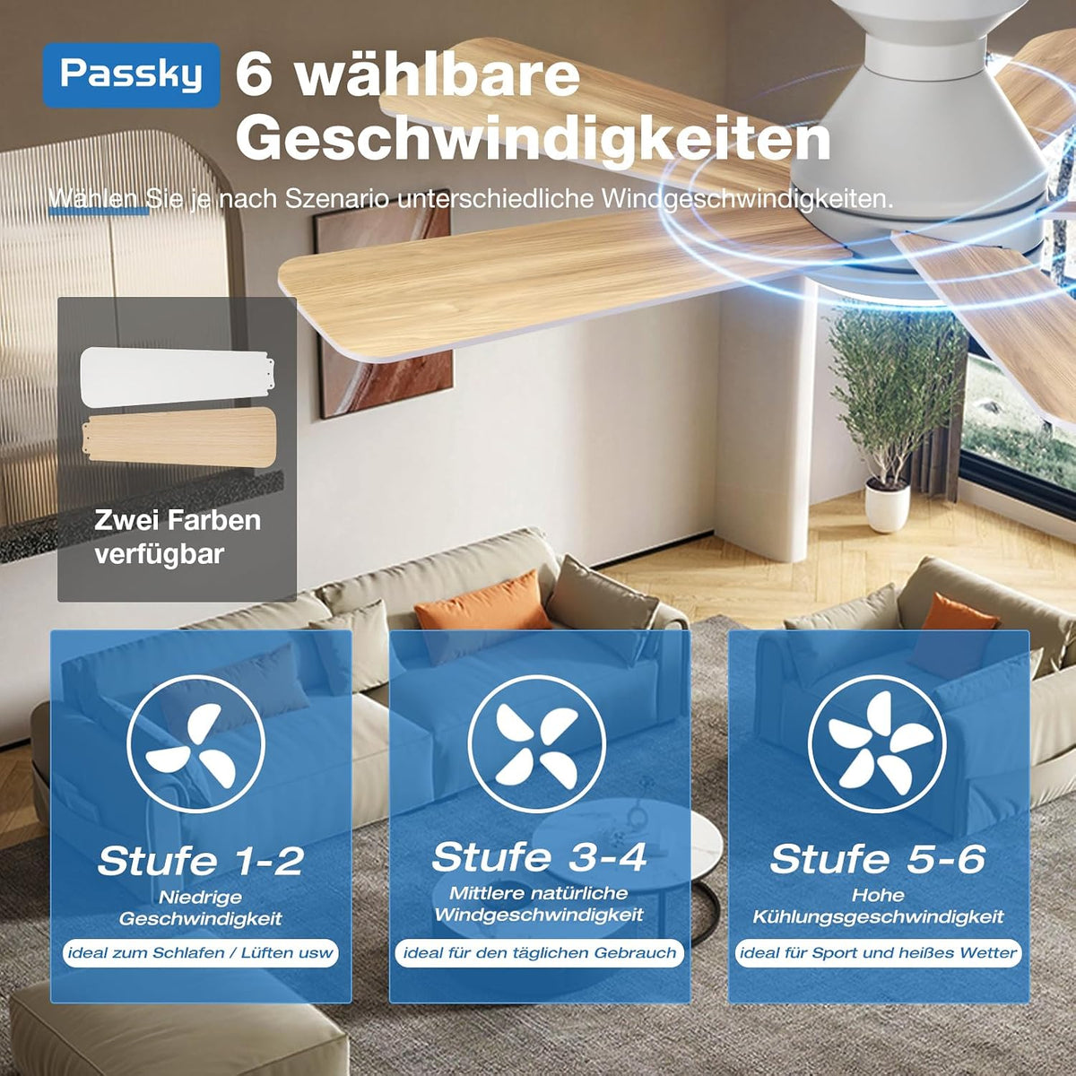 Passky 107cm Deckenventilator mit Beleuchtung & Fernbedienung, leiser DC-Motor, 6 Geschwindigkeiten, Dimmbare LED-Leuchte, 3 Farbtemperaturen, Weiß