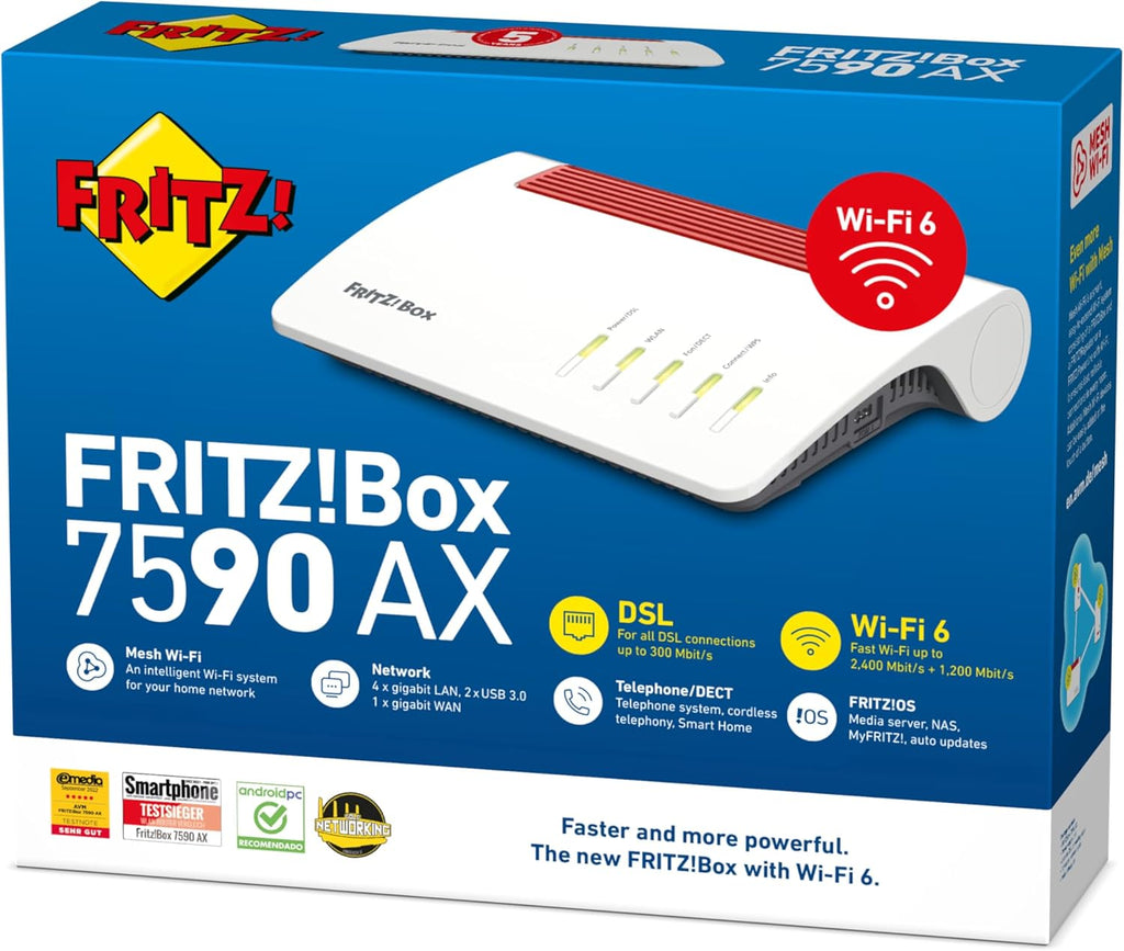 FRITZ!Box 7590 AX Exclusive Edition (Wi-Fi 6 DSL-Router 2.400 MBit/s (5GHz) & 1.200 MBit/s (2,4 GHz), inklusive SanDisk USB-Stick, WLAN Mesh, DECT-Basis, deutschsprachige Version)