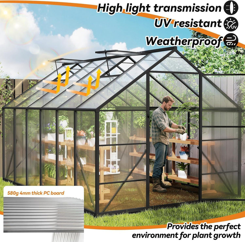 LZQ Gartengewächshaus Aluminium mit Fundament 380x250x205 cm Gewächshaus Pflanzenhaus mit Schiebetür und Dachfenster Treibhaus Gartenhaus Winterfest Aufzucht Tomatenhaus (8x12 ft)