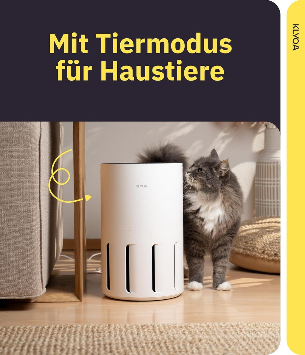 Klyqa Luftreiniger Allergiker 360° HEPA-Filter Pet entfernt 99,99% der Tierhaare, Staub & Pollen I 300 CADR I 21,5Db Geräuscharmer Luftfilter I Smart Air purifier gegen Tierhaar I Server in DE