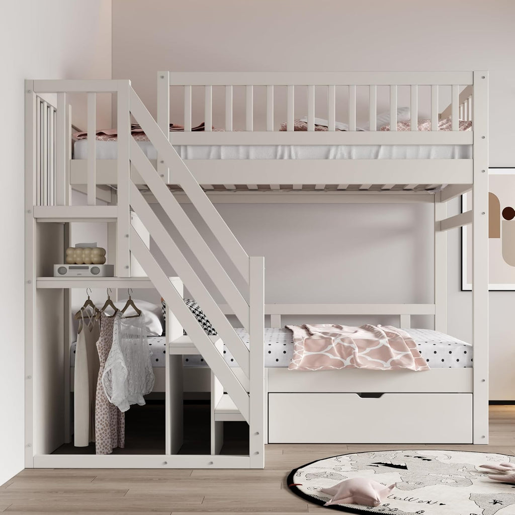 Kinderbett Etagenbett 90x200 Für 2 Kinder, Hochbett mit Treppe&Aufbewahrungsschrank&Schublade, Massivholz Funktionsbett Stockbett Jugendhochbett mit 2xLattenrost & Rausfallschutz, Ohne Matratze, Weiß