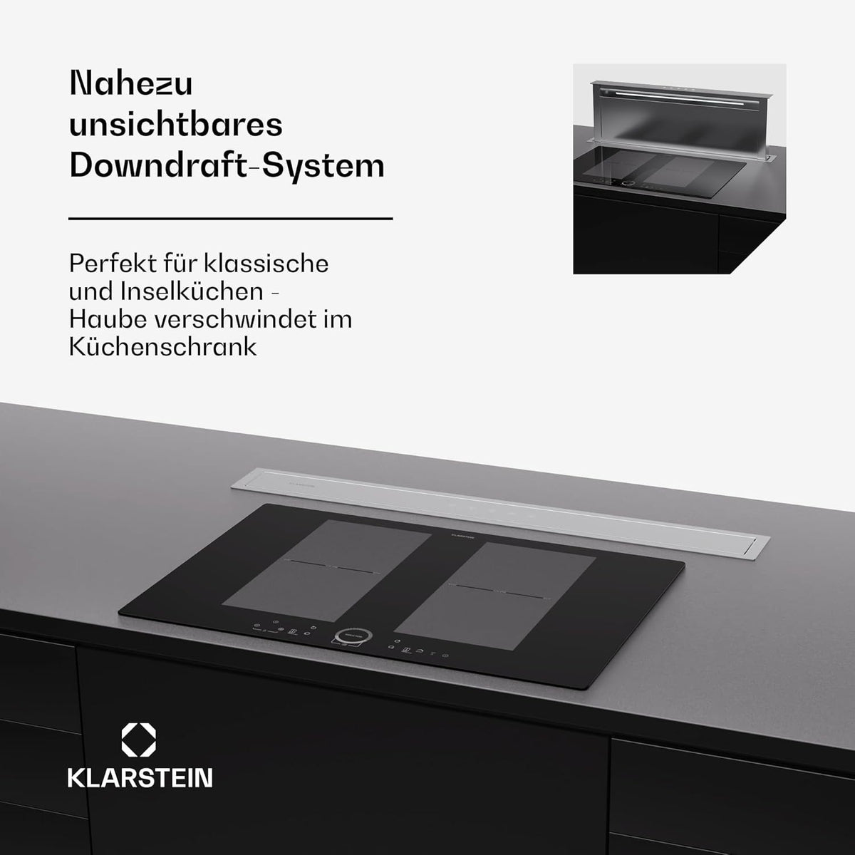 Klarstein Downdraft-Dunstabzugshaube, Versenkbare Abzugshaube, Leise Dunstabzugshauben mit Filter, Dunstabzugshaube 60cm, Umluft/Abluft Dunsthaube mit 10 Stufen, Dunstabzug 576 m³/h Luftstrom