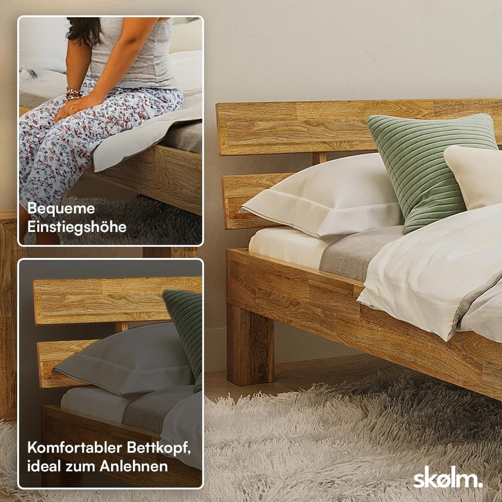 skølm Floki Massivholzbett 160x200 cm aus Eiche - hochwertiges Bettgestell - Bettrahmen mit Bettkopf - Holzbett in Natur geölt - Bett 160x200 cm geeignet als Doppelbett - Futonbett