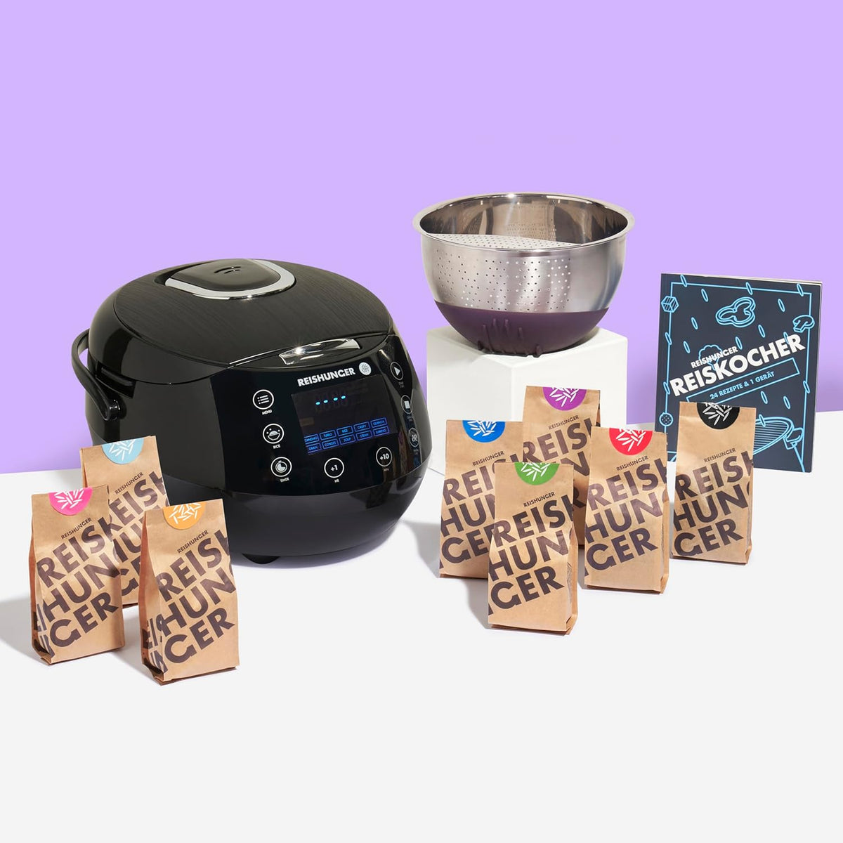 REISHUNGER Digitaler Reiskocher & Dampfgarer Schwarz | 1,5 L bis 8 Personen | Warmhaltefunktion, Timer & Premium Innentopf | Multikocher, 12 Programme, 7-Phasen-Technologie