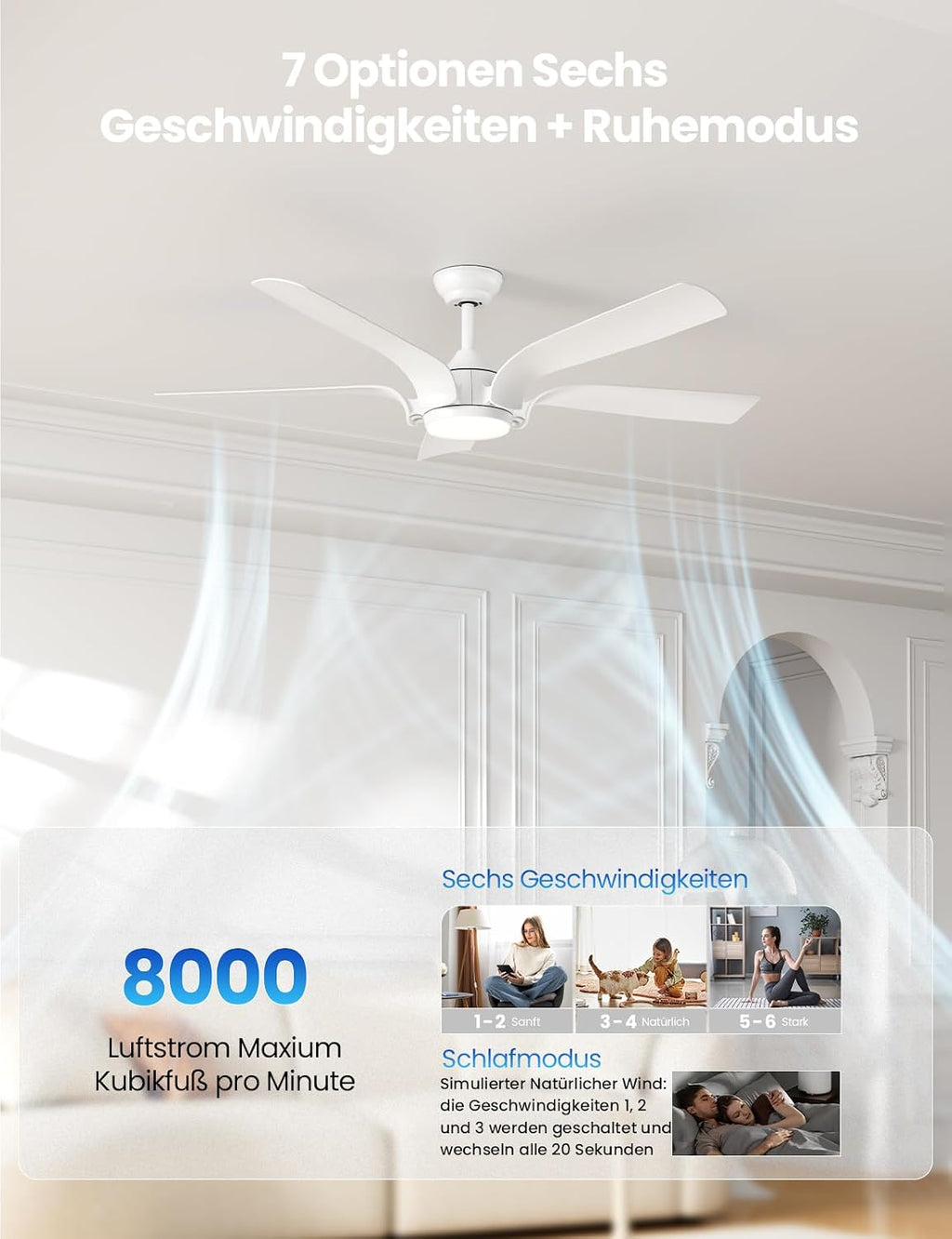 CJOY Deckenventilator mit Beleuchtung,142cm Weiß Deckenventilator mit Fernbedienung Leise, 6 Geschwindigkeiten, 3 CCT Dimmbar, Reversible 5 Flügel, Timer, Schlafmodus, Für Schlafzimmer/Wohnzimmer