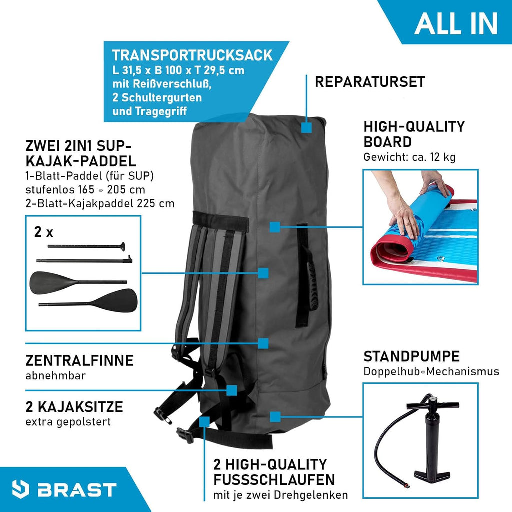 BRAST SUP Board Family | Aufblasbares Stand up Paddle Set XXL | 370x87x15cm bis 210kg | 7 Designs | inkl. Zubehör 2X Kajak-Sitz 2X Fußschlaufe 2X Paddel Pumpe Rucksack