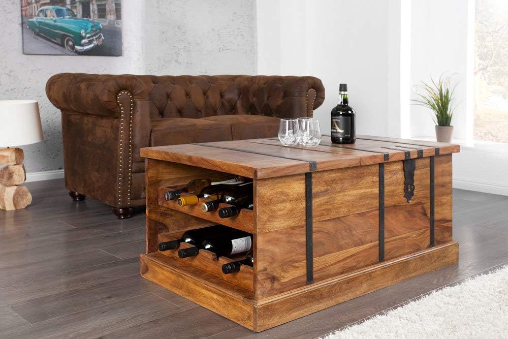 Invicta Interior riess-Ambiente Massiver Couchtisch Hausbar Bodega 100cm Sheesham Stone Finish Aufbewahrung Wohnzimmertisch Truhe Barschrank