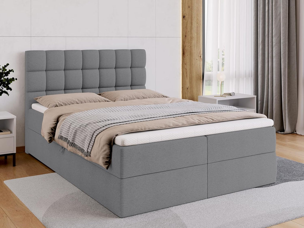 BROMARKT Boxspringbett mit Bettkasten Polsterbett mit Bonell-Matratze und Topper Bett für Schlafzimmer gepolstertes Kopfteil Dakota bonellfedern 140x200 Härtegrad H3 Grau Malmo
