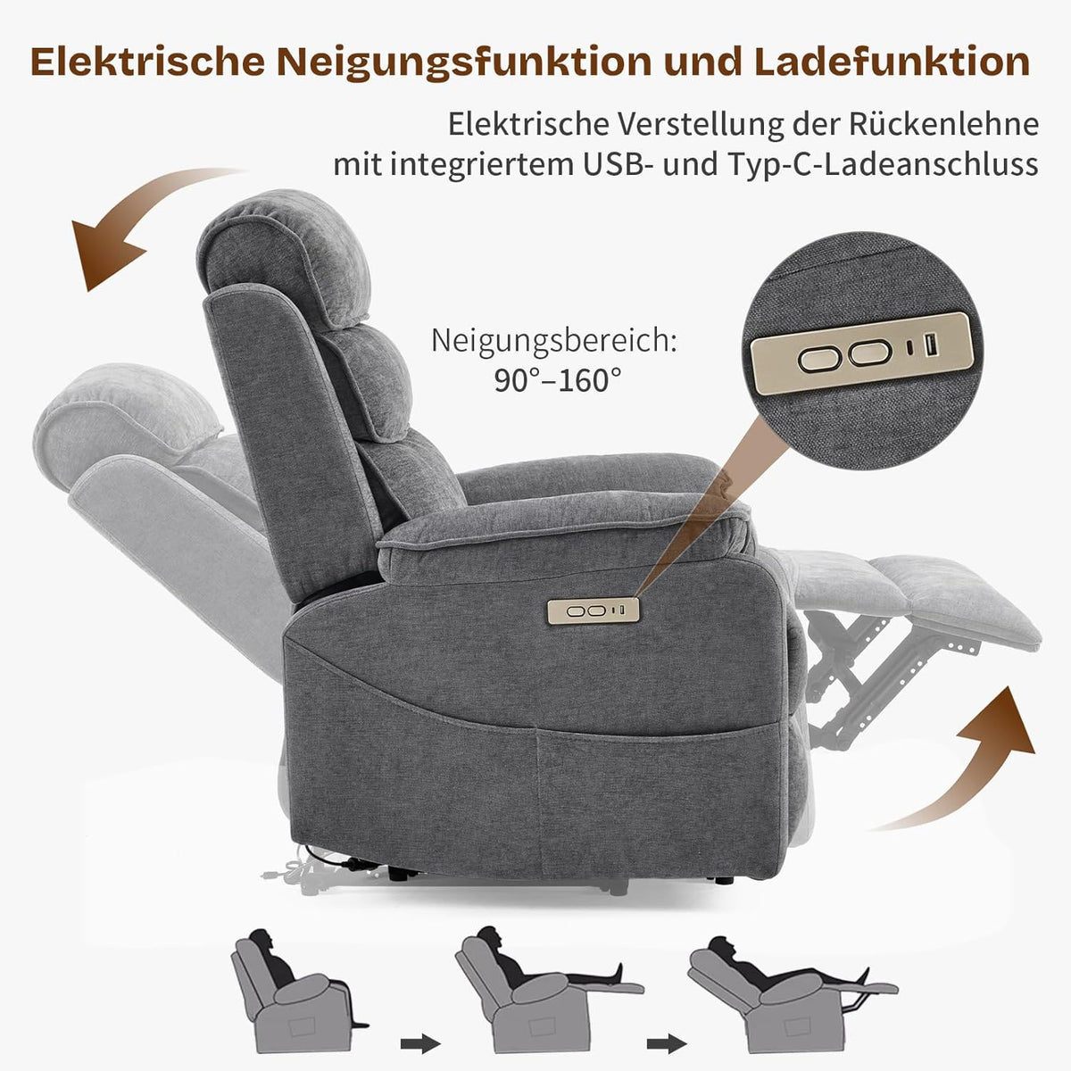 LEADZM Fernsehsessel Relaxsessel mit drahtloser Ladevorrichtung, 1 USB-Anschluss, 1 USB-C-Ladeanschluss, Liegen TV Sessel mit Massage Heizung, Getränkehalter (Dunkelgrau)