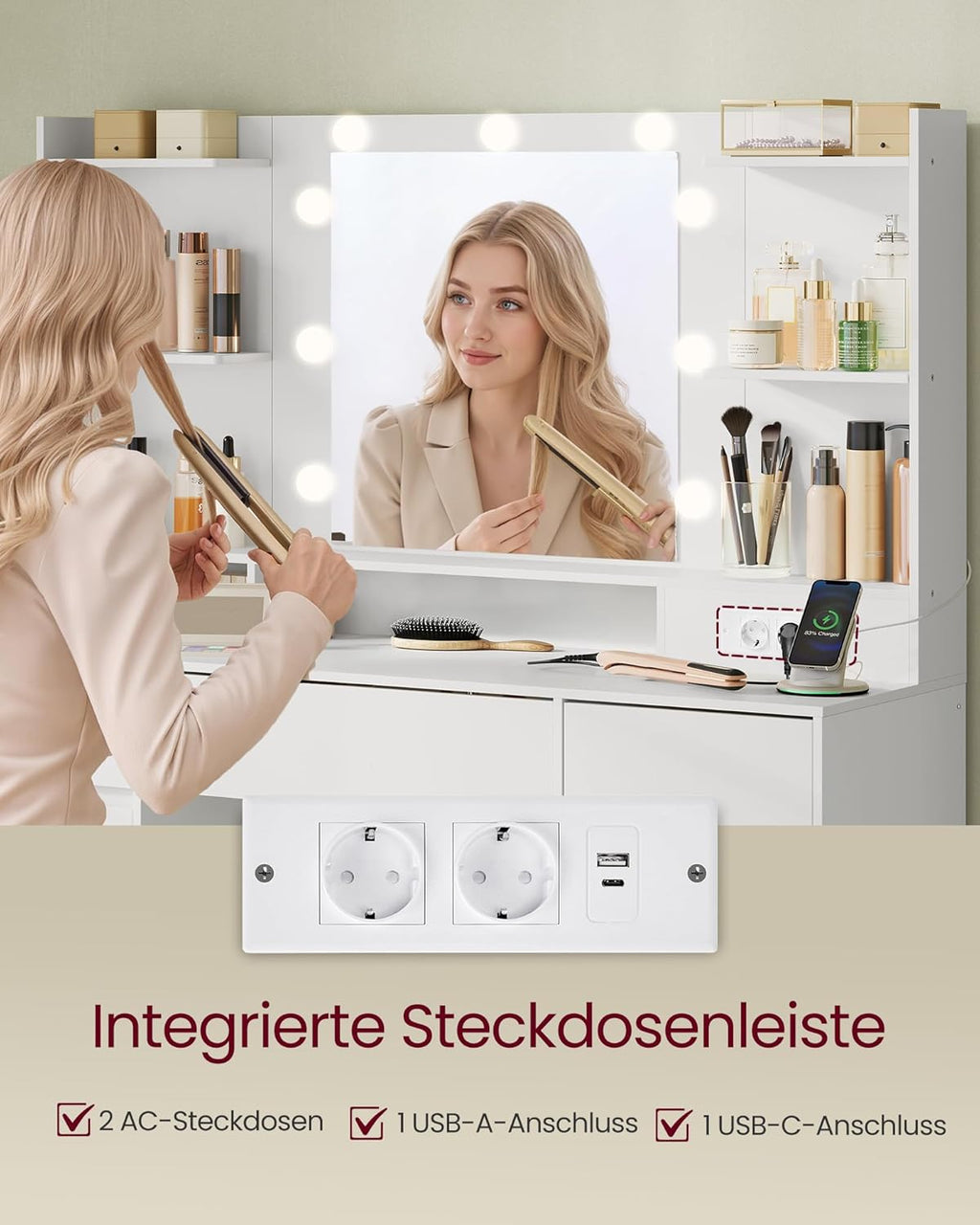 VASAGLE Kailyn Kollektion - Schminktisch mit Spiegel und LED-Leuchten, Steckdosenleiste, 9 Schubladen, 9 dimmbare Glühbirnen, 3 Lichtfarben, werkzeuglose Gleitschienen, wolkenweiß RDT141WB02