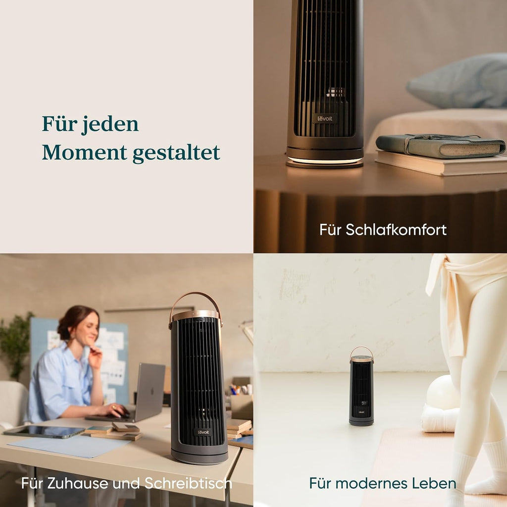 Levoit Kompakt Turmventilator Akku DC Motor Indoor/Outdoor – leise ab 20dB Ventilator – 7m/s Kühlung Tischventilator– 5 Stufen/90° Oszillation/12 Std Timer/Fernbedienung – tragbar, 33 cm, Graphitgrau
