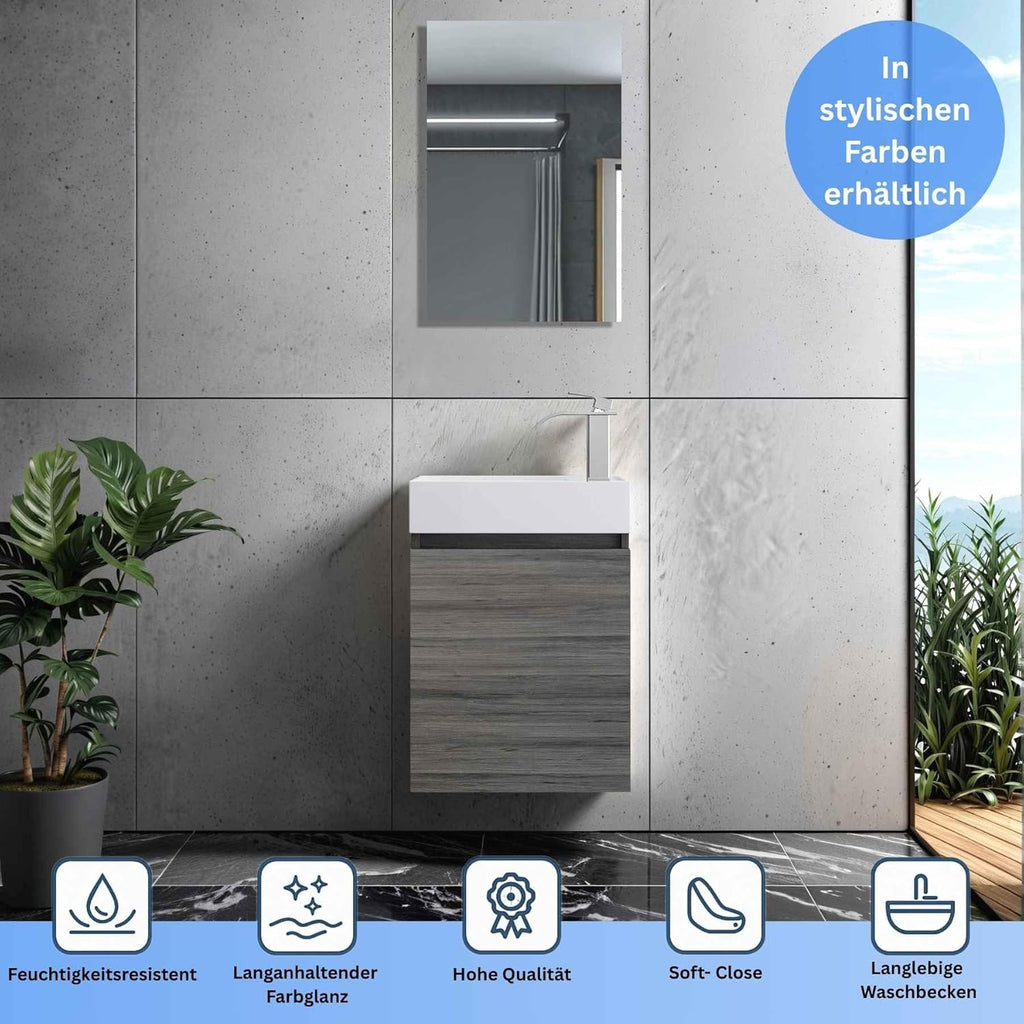 Faizee Home Badmöbel Set Grau – Waschbeckenunterschrank mit Keramik Waschbecken & Armatur – Kompakter Badezimmerschrank Badschrank ohne Spiegel für Gäste WC & kleine Bäder