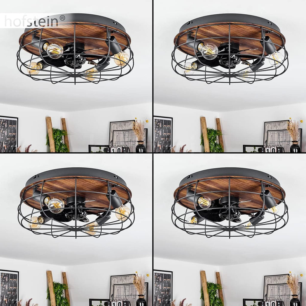 Deckenventilator Moscavide, Ventilator aus Metall/Kunststoff in Schwarz/Holzoptik/Braun mit Fernbedienung, Deckenleuchte mit schwenkbaren Spots, 4-flammig, 4 x E27 max. 10 Watt IP20