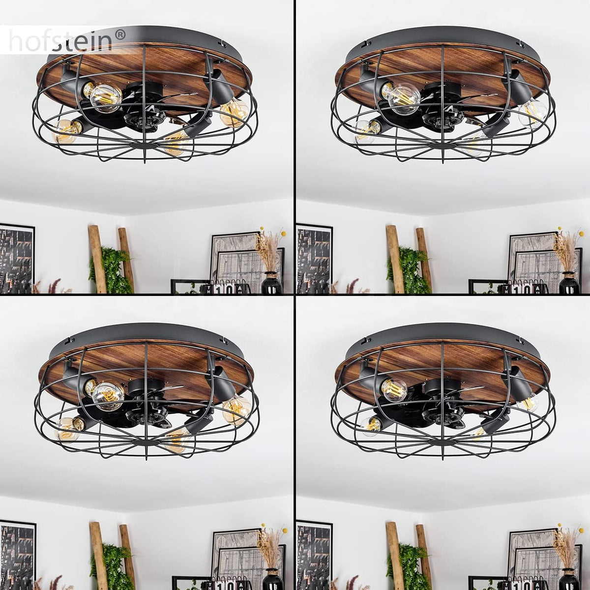 Deckenventilator Moscavide, Ventilator aus Metall/Kunststoff in Schwarz/Holzoptik/Braun mit Fernbedienung, Deckenleuchte mit schwenkbaren Spots, 4-flammig, 4 x E27 max. 10 Watt IP20