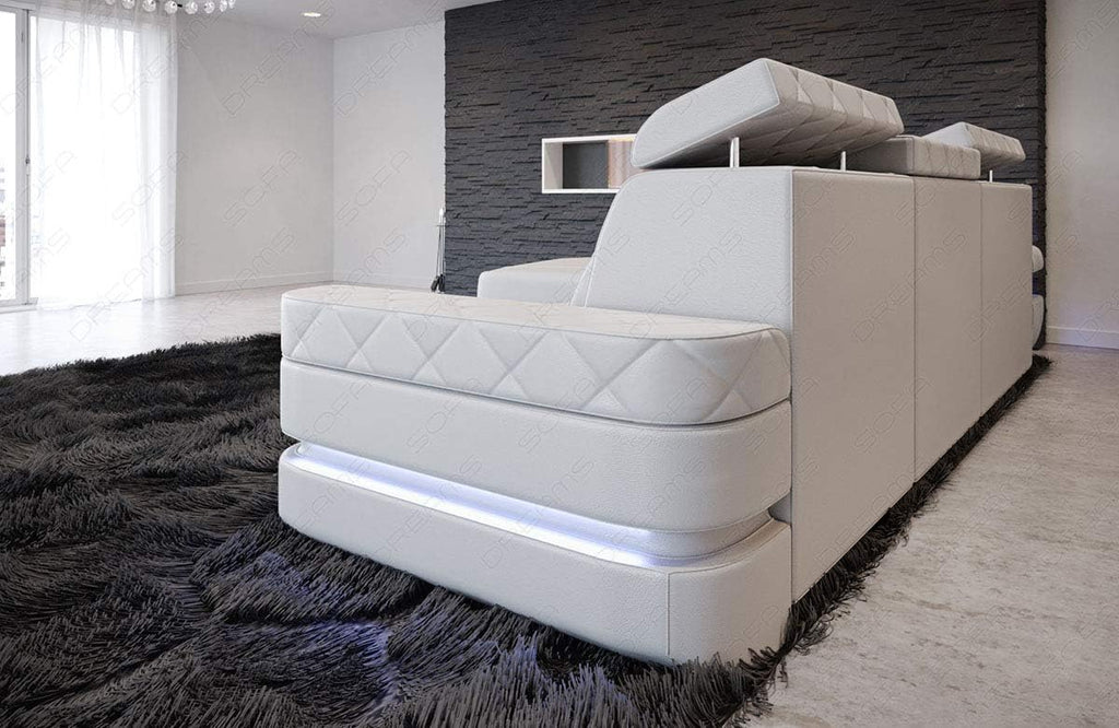 Sofa Bologna als Ecksofa in der L-Form Ledersofa mit USB-Anschluss Stauraum Beleuchtung Kopfstützen Designersofa Couch (Ottomane Links (auf Sofa blickend), White)