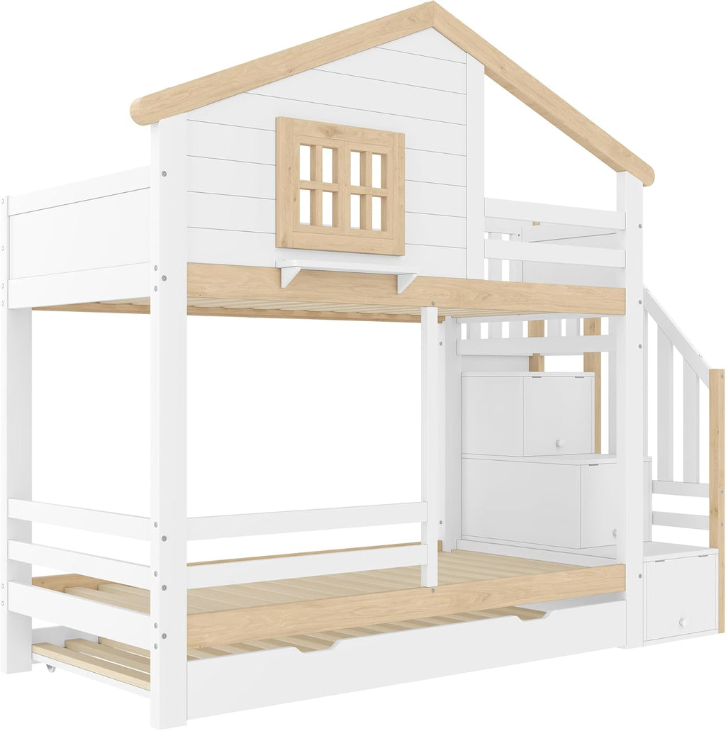Kinderbett 90x200,Etagenbett für 2 Kinder,Hausbett Hochbett mit Ausziehbett&Treppe&Fenstern&Dach,Holzbett Stauraumbett Stockbett Jugendhochbett mit Rausfallschutz&Lattenrost,Ohne Matratze,Weiß+Natur