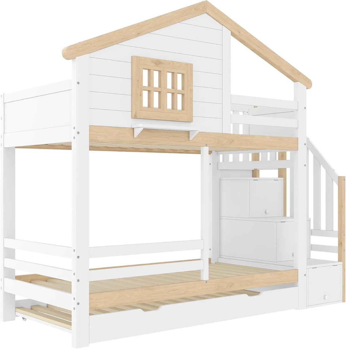 Kinderbett 90x200,Etagenbett für 2 Kinder,Hausbett Hochbett mit Ausziehbett&Treppe&Fenstern&Dach,Holzbett Stauraumbett Stockbett Jugendhochbett mit Rausfallschutz&Lattenrost,Ohne Matratze,Weiß+Natur