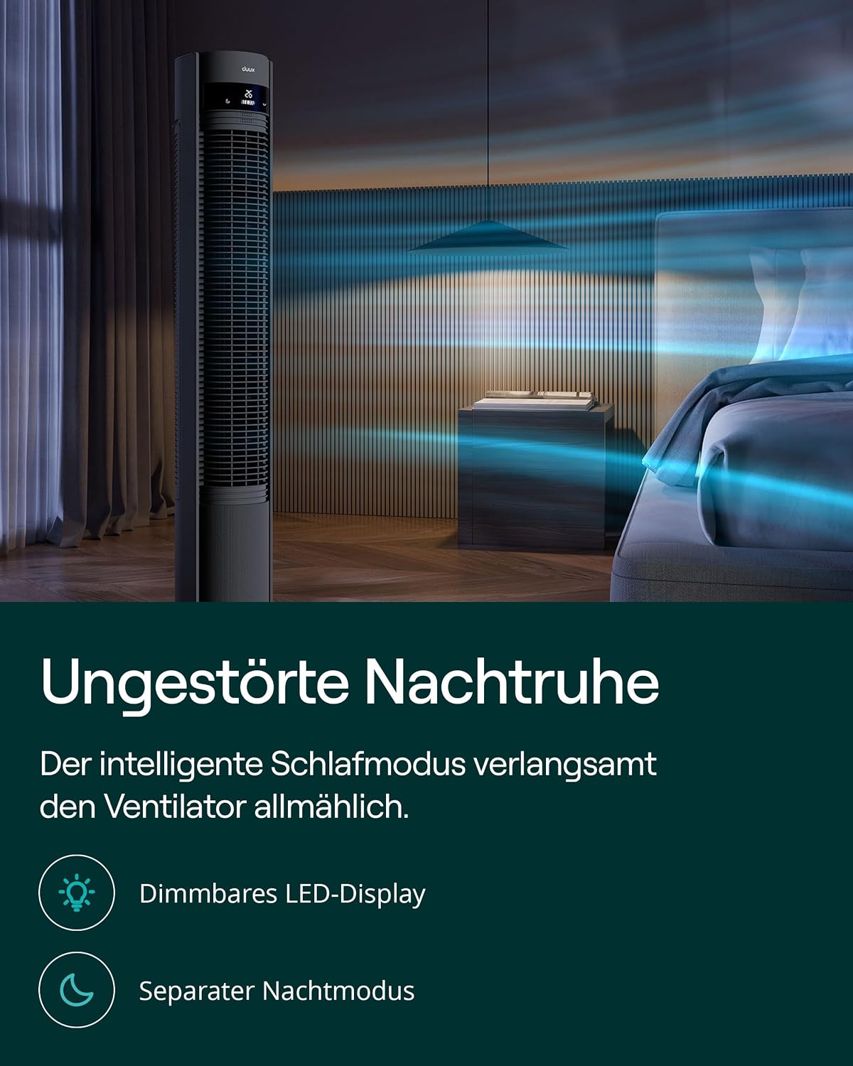 Duux Elevate Turmventilator – 12 Geschwindigkeiten, 80° Oszillation, Nur 25 dB, Ionisator, Timer (1–12h), Schlafmodus, Touch & Fernbedienung – Leiser & Smart Ventilator für Schlafzimmer/Büro - Grau