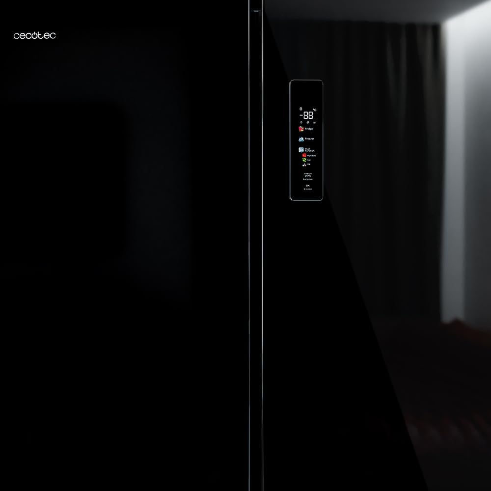 Cecotec Side-by-Side Kühl-Gefrierkombination 4 Türen Bolero CoolMarket 4D 601 Black Glass E. 601L, Inverter-Motor, 90cm, No Frost, ECO, Schnellkühlung, Display, Temperaturalarm, Elegantes Design, Glas