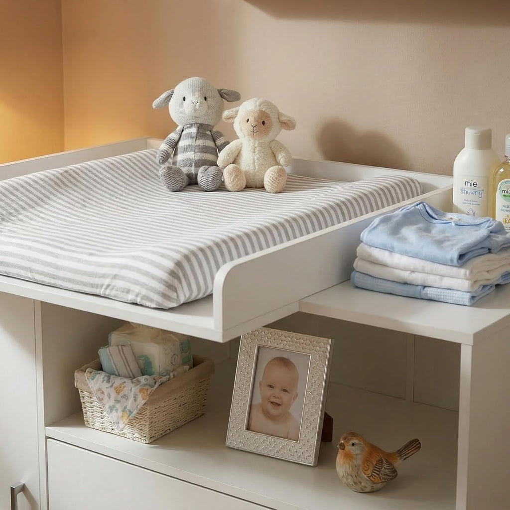 ecomi Wickelkommode Wickeltisch Baby Kommode aus Holz mit Wickelaufsatz, 3 Schubladen, 1 Tür, 100 cm Höhe in Weiß, Wickeltisch 113x100 cm Griffe verchromt
