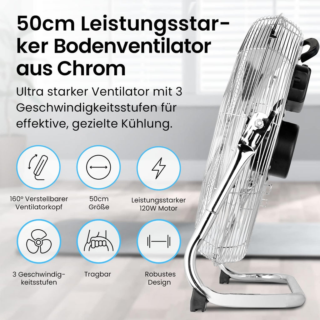 Pro Breeze 50 cm Bodenventilator aus Chrom, Ventilator mit 3 Geschwindigkeitsstufen und verstellbaren Ventilatorkopf - Windmaschine für Fitnessstudio oder Werkstatt
