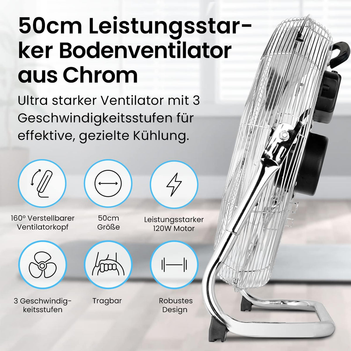 Pro Breeze 50 cm Bodenventilator aus Chrom, Ventilator mit 3 Geschwindigkeitsstufen und verstellbaren Ventilatorkopf - Windmaschine für Fitnessstudio oder Werkstatt