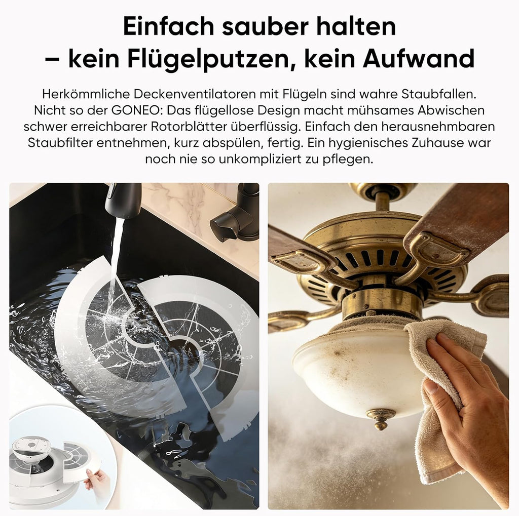 GONEO Deckenventilator mit Licht ohne Flügel - 24,5 cm flach, Unterputz, 60W, LED dimmbar 3000–6500K, 6 Stufen, Fernbedienung Timer, leise, für Schlafzimmer Kinderzimmer Büro | niedrige Decke Wohnung