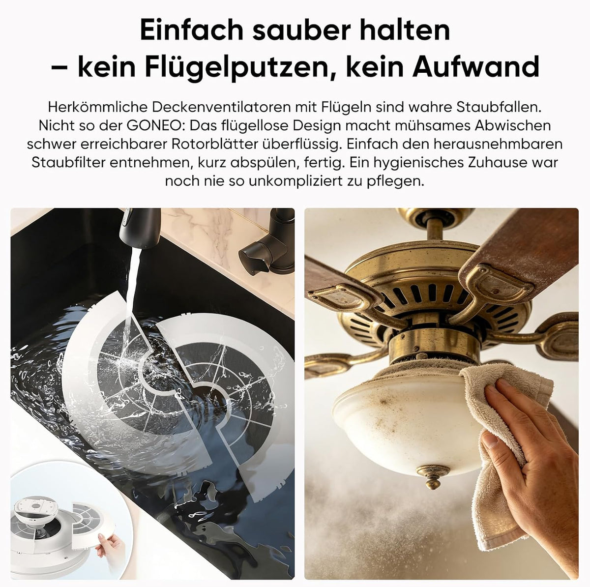 GONEO Deckenventilator mit Licht ohne Flügel - 24,5 cm flach, Unterputz, 60W, LED dimmbar 3000–6500K, 6 Stufen, Fernbedienung Timer, leise, für Schlafzimmer Kinderzimmer Büro | niedrige Decke Wohnung