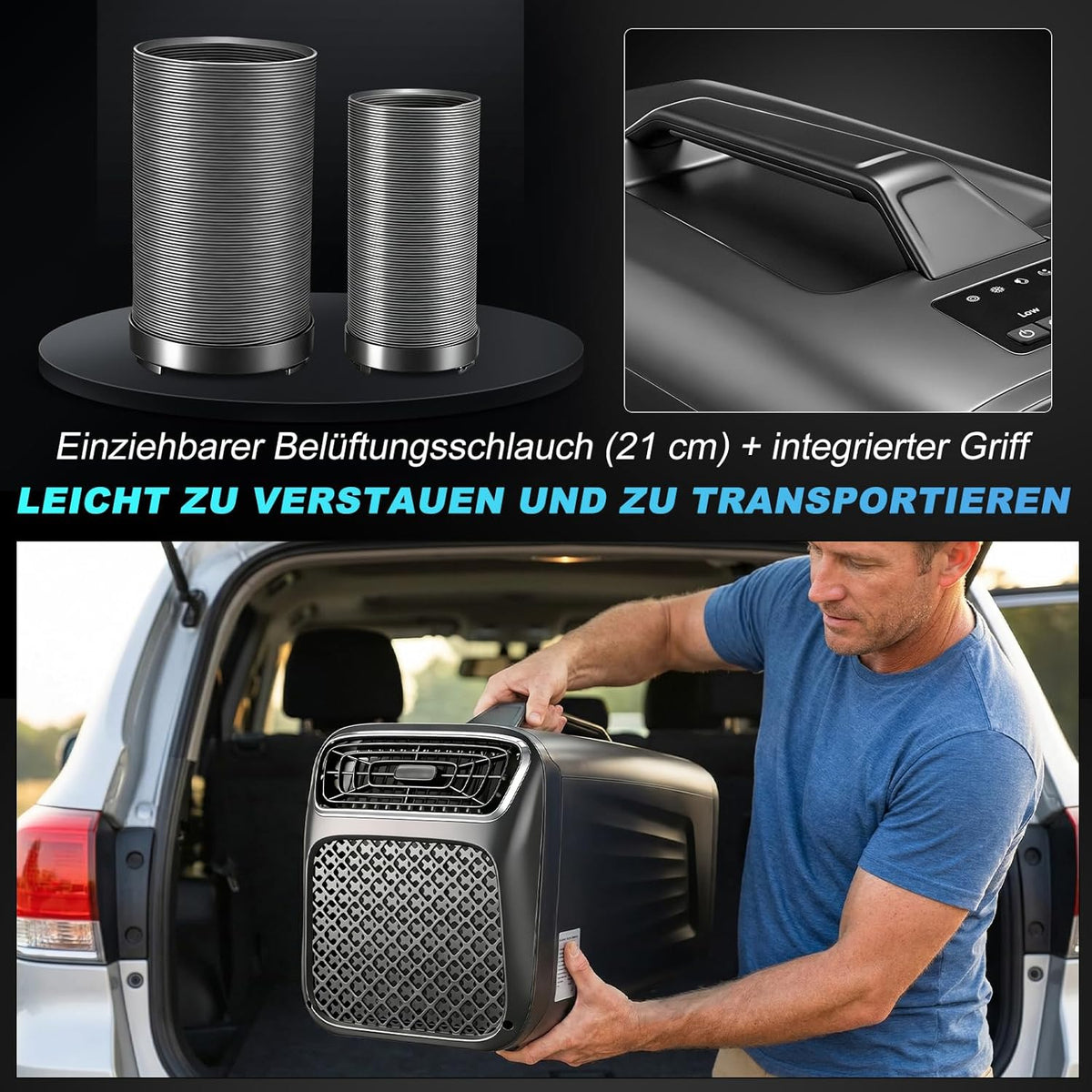 5200 BTU Mobile Klimaanlage mit Abluftschlauch, 10 sqm, 5 in 1 Klimagerät mit Kühlung Entfeuchter Ventilator Heizfunktion, Leise Klimaanlage, Tragbare Camping Klimaanlage für Zelt Wohnmobil Van
