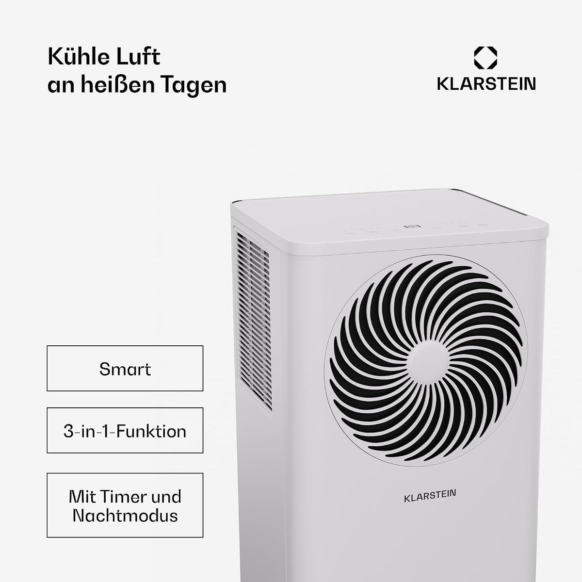 Klarstein Aero Ring Mobiles Klimagerät – 7000 BTU, 3-in-1: Kühlen, Entfeuchten & Ventilator, Smart App & Sprachsteuerung, Für Räume bis 25 m², Energieeffizienz A, R290, Leichtgängige Rollen, Weiß