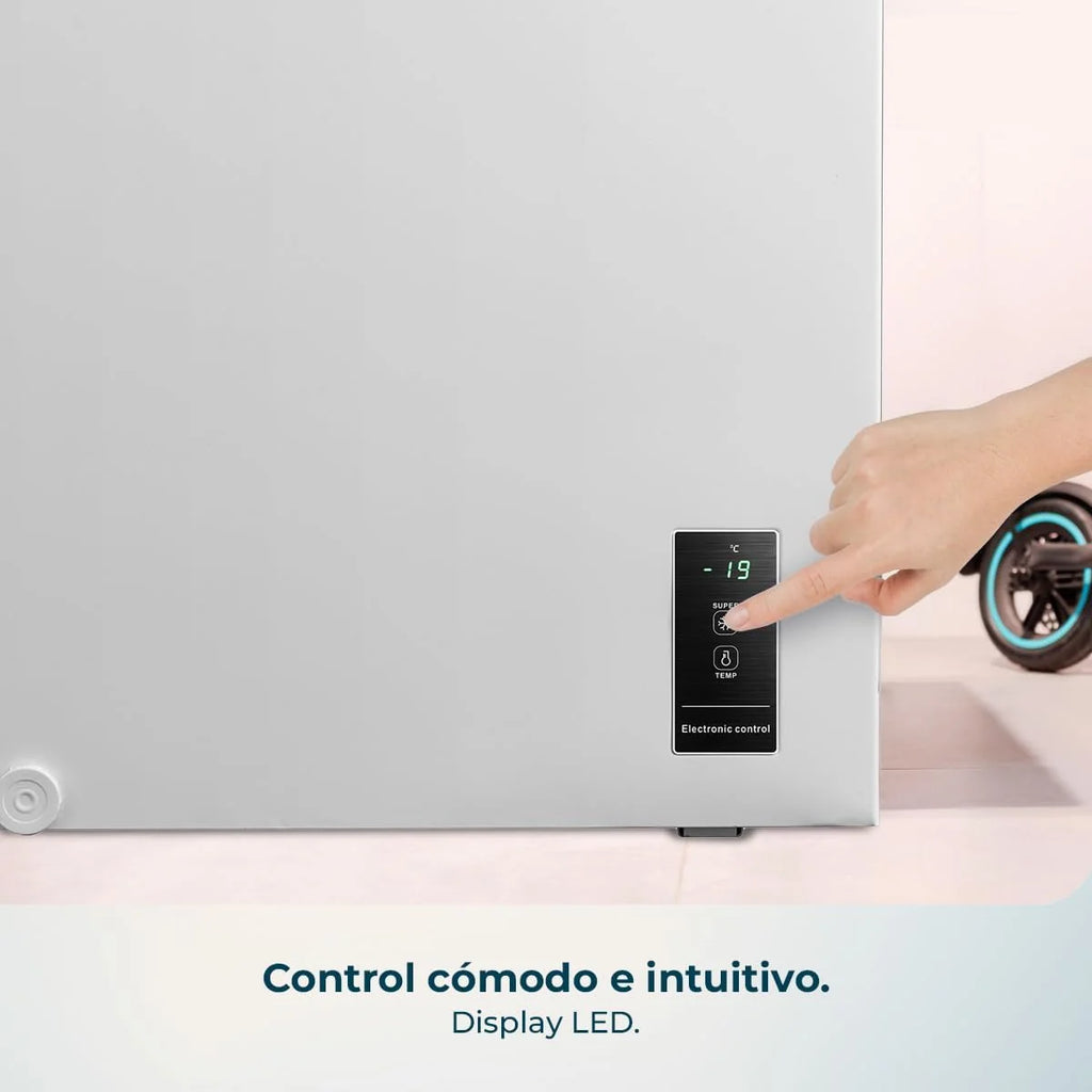 Cecotec Congelador Horizontal 143L Bolero CoolMarket Chest 143P White E. Cesta con Asas, Control Electrónico LED, UltraContact D-Cool, Dual Function, Puerta ZeroG (80º-30º), Fast Freezing, Compacto