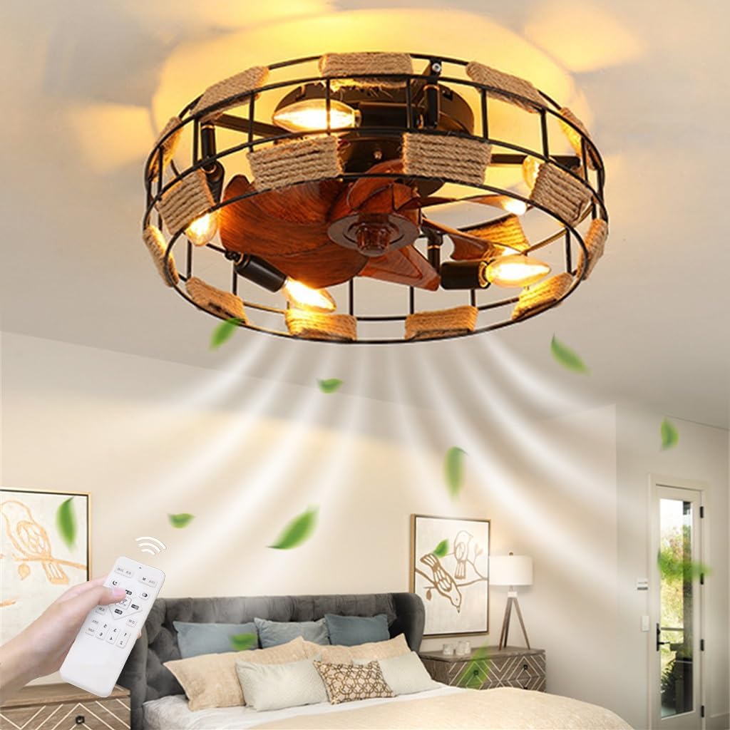 Deckenventilator Mit Beleuchtung, Leise Timer Vintage E27 Deckenlampe Mit Ventilator, Eisenkunst+Hanfseil Ventilator Retro 46W Deckenleuchte, 6-Gang-Einstellung, Für Schlafzimmer Wohnzimmer Esszimme