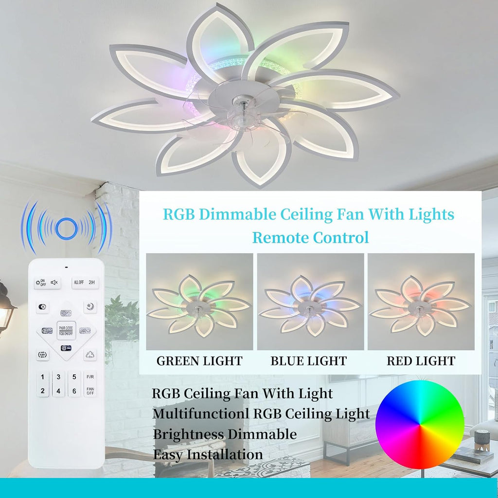 87CM Weißer Blumen-Deckenventilator Mit Licht, Dimmbar RGB Farbwechselndes Modern Fan Lampe Mit Ventilator Mit Fernbedienung/APP DC Motor 6 Geschwindigkeit Für Schlafzimmer Wohnzimmer